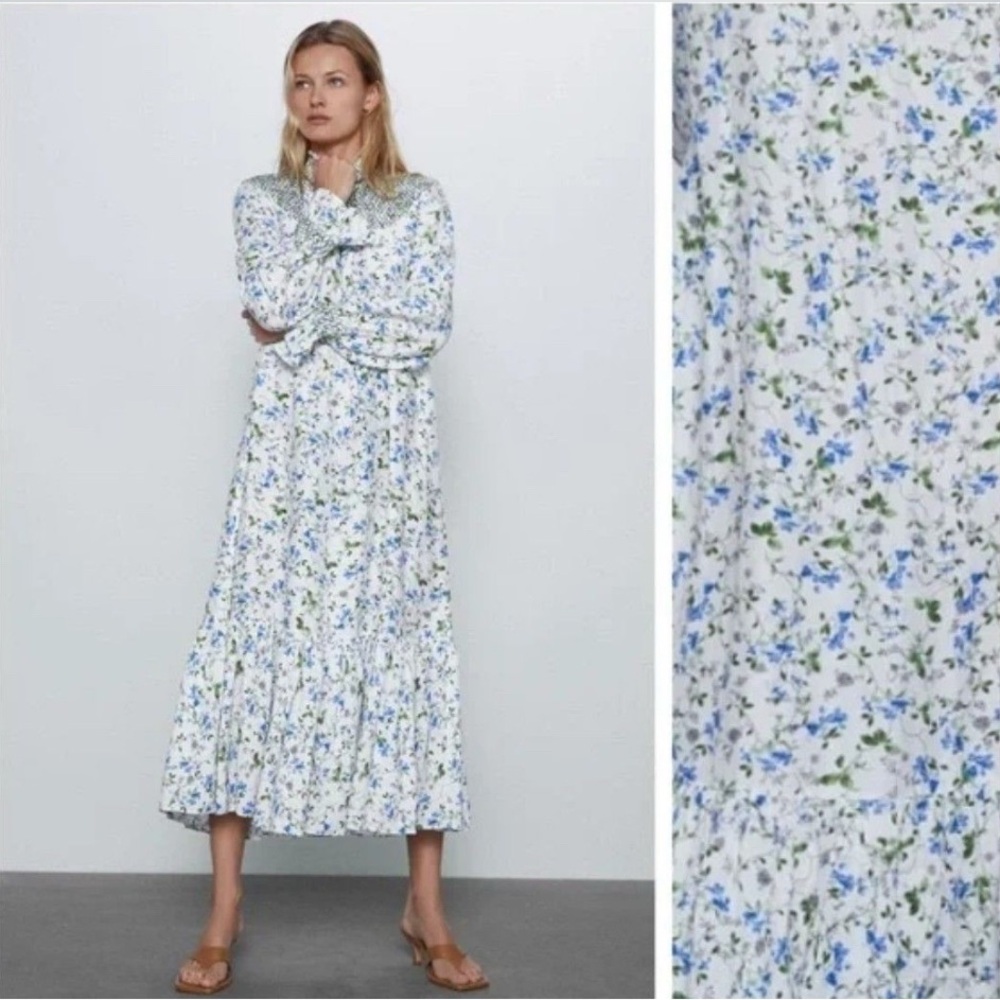 Zara Smocked Embroidered Floral Blue Green and White Dress Size XL New